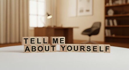 Workplace Interview Concept: Wooden blocks spell out Tell Me About Yourself on a table, hinting at a job interview or self-reflection session, setting the stage for professional conversation.