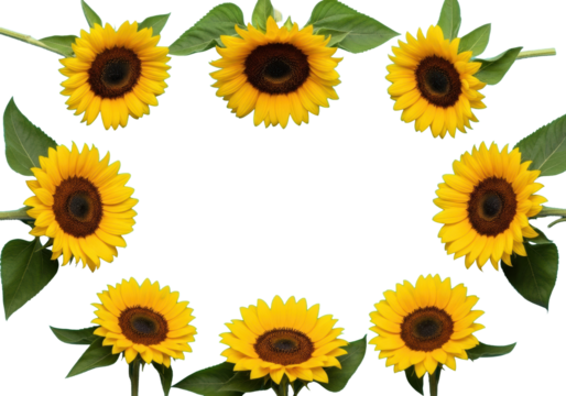 Vibrant yellow sunflowers with lush green leaves, symmetrically framing central copy space on a solid bright turquoise studio background, overhead flat lay shot. Concept of natural vibrancy and