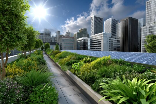 Lush rooftop garden with solar panels and a modern urban city skyline. - Powered by Adobe