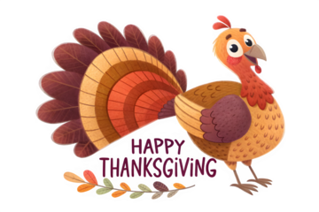 Cute cartoon turkey with happy thanksgiving text isolated on transparent background