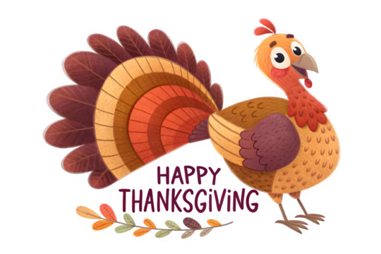 Cute cartoon turkey with happy thanksgiving text isolated on transparent background