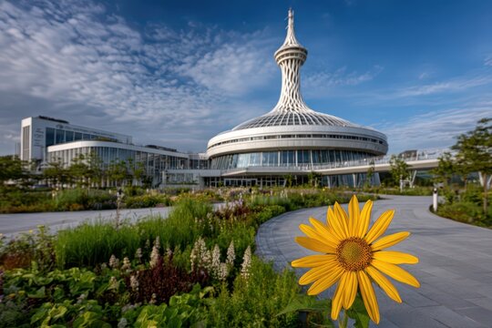 Vibrant yellow flower in a modern landscaped garden, featuring unique architecture.