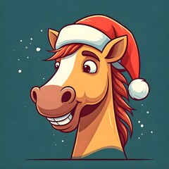 Bright vector illustration with a funny horse in a Christmas hat.