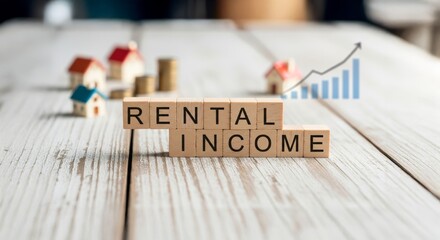 Rental Income:  A visualization of rental income concept. Featuring miniature houses, stacked coins, and a rising graph, signifying financial growth, all arranged on a light wooden background.