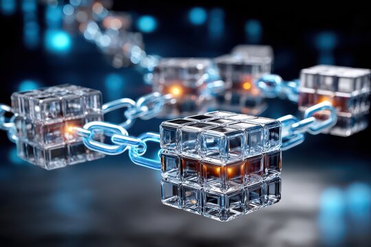 Digital blockchain technology: secure glowing interconnected data blocks.