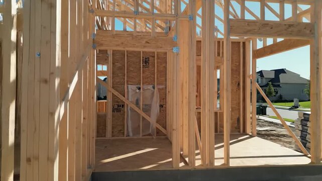 New residential construction with wooden framework against clear blue sky daytime