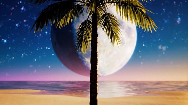 Tropical beach at night, moonlit sky with palm silhouette, serene and dreamlike coastal scene, perfect for summer vacation vibes