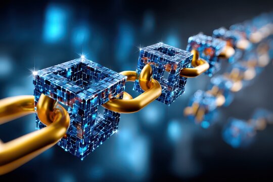 Futuristic blockchain technology represented by glowing data cubes and golden links.