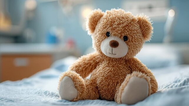 teddy bear on hospital bed soft brown plush wearing red scarf sits alone on rumpled blue blanket in pediatric ward soft morning light shallow depth of field