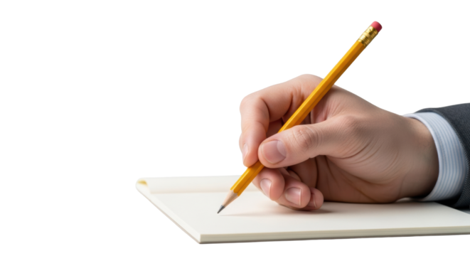 A well-groomed hand in a crisp neutral shirt cuff holds a yellow wooden pencil with a red eraser, its graphite tip poised above a transparent notepad in a minimalist studio. Concept of precise