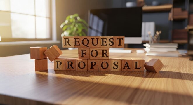 Proposal Request on Desk: A request for proposal is meticulously crafted, each wooden block bearing a letter, is placed with care, resting on a textured wooden desk, offering a warm and inviting feel.
