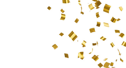 Shiny golden metallic confetti pieces of various sizes, captured mid-air with crisp focus against a pure bright white background, dynamic spread, soft studio lighting. Corporate success concept