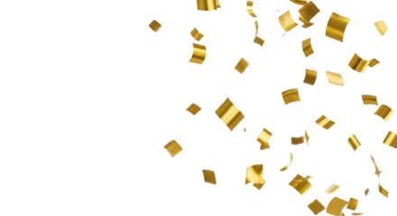 Shiny golden metallic confetti pieces of various sizes, captured mid-air with crisp focus against a pure bright white background, dynamic spread, soft studio lighting. Corporate success concept