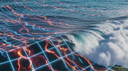 Ocean waves with grid overlay representing water flow and motion analysis - Powered by Adobe