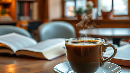 Capture the cozy charm of a literary cafe through a close-up shot of a steaming cup of coffee with a book in the background Use warm, inviting tones to draw viewers into the serene atmosphere