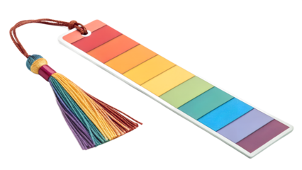 Single bookmark strip, bright color, clean rectangular shape with top tassel, isolated on transparent background