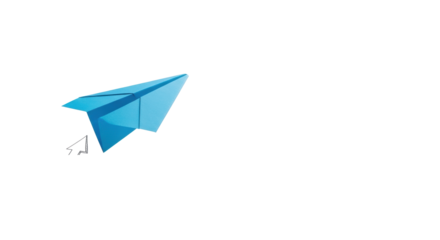 A vibrant blue paper airplane takes flight above hand-drawn business doodles on transparent studio background with copy space, concept of business strategy and innovation