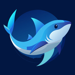 Stylized blue shark illustration with circular background and dark deep sea