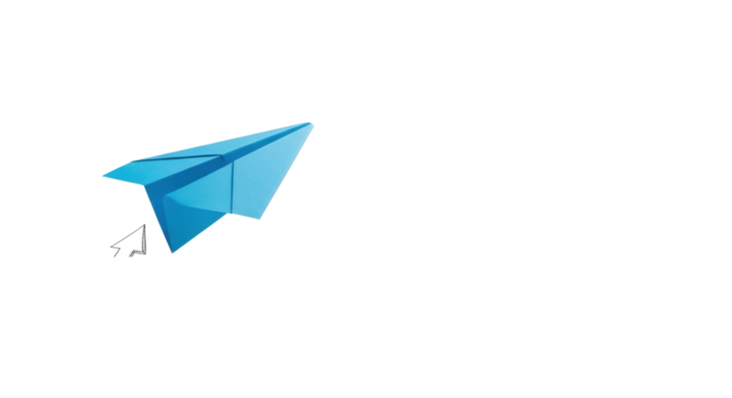 A vibrant blue paper airplane takes flight above hand-drawn business doodles on transparent studio background with copy space, concept of business strategy and innovation - Powered by Adobe