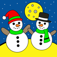 Two cheerful snowmen stand together under a bright moonlit night sky