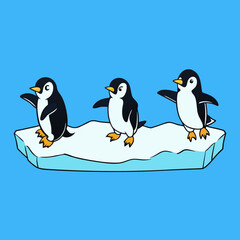 Three adorable cartoon penguins standing on an ice floe