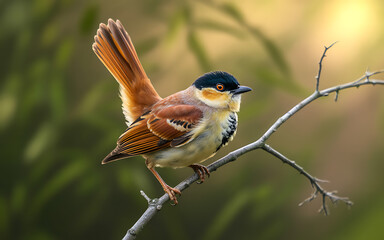 Striking Bird with Orange Tail Perched on a Branch