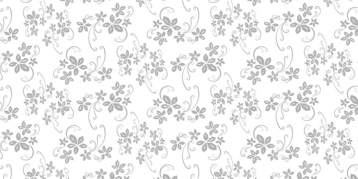 Subtle light grey seamless floral pattern, delicate blossoms and elegant swirling tendrils create a sophisticated decorative background texture