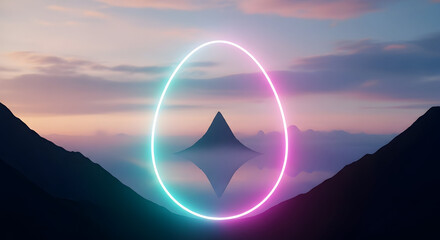 Surreal glowing neon oval portal hovering above a sharp mountain peak in a misty twilight landscape with colorful sky