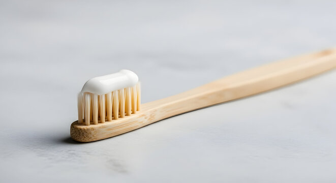 Close up of a natural bamboo toothbrush with white toothpaste applied to the bristles on a light grey textured surface