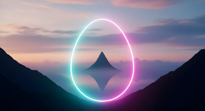 Surreal glowing neon oval portal hovering above a sharp mountain peak in a misty twilight landscape with colorful sky
