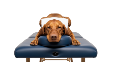 Reddish-brown Vizsla dog, relaxed, humorous, lying face down on navy blue massage table with white towel, looking at viewer, transparent background, concept of pet pampering and well-being