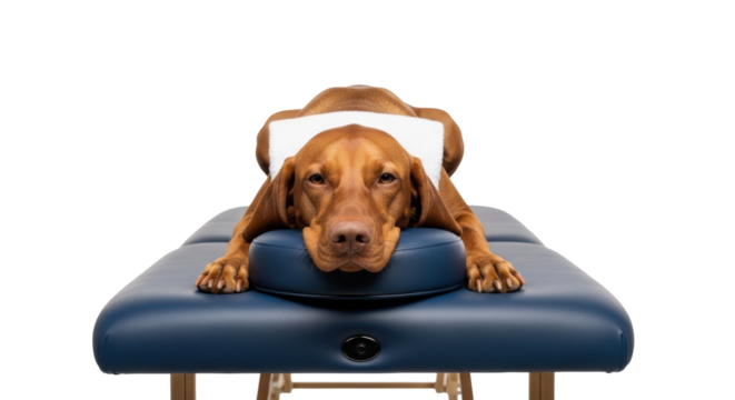 Reddish-brown Vizsla dog, relaxed, humorous, lying face down on navy blue massage table with white towel, looking at viewer, transparent background, concept of pet pampering and well-being