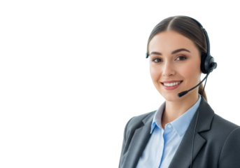 Young caucasian woman (early 30s) in a blazer and headset, smiling confidently, gazing directly, in a high-key studio with soft blurred background Concept of reliable communication