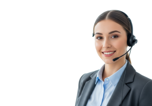 Young caucasian woman (early 30s) in a blazer and headset, smiling confidently, gazing directly, in a high-key studio with soft blurred background Concept of reliable communication