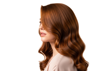 Young caucasian woman, elegant reddish-brown wavy hair, radiant skin, simple neutral top, posing gracefully in a studio with light peach background and soft bokeh, concept of natural beauty and health