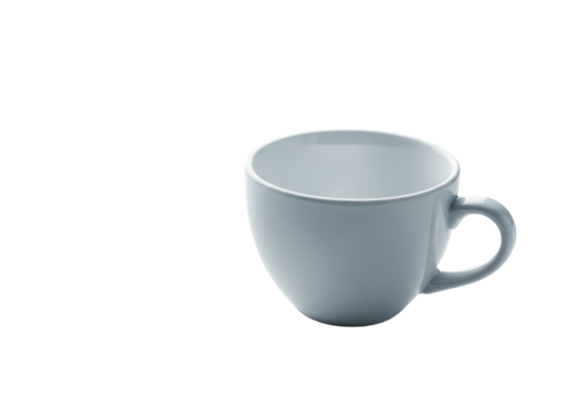 transparent ceramic coffee cup, perfectly centered and isolated on an immaculate white surface with a transparent background, soft studio lighting, minimalist concept of untainted possibility