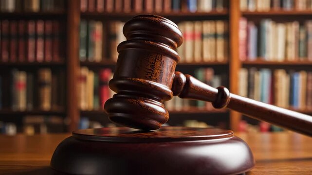 Justice served as gavel strikes down on wooden desk in library court setting
