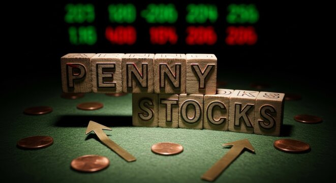 Penny Stocks Concept: Conceptual composition showing investment opportunities in penny stocks with rising arrow indicating financial growth in market.