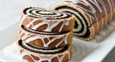 Fresh sweet poppy seed roll slices stacked on a white plate, displaying delicious spiral pattern with white icing drizzle.