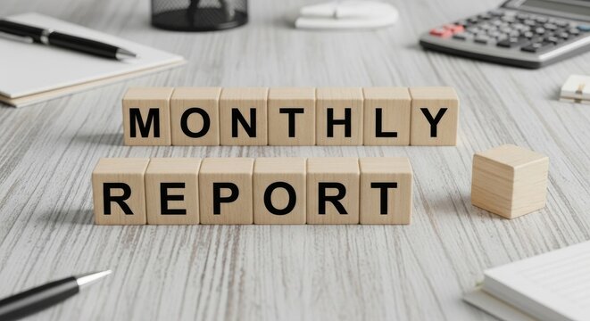 Monthly Report: A close-up view presents the words MONTHLY REPORT spelled out on wooden blocks, suggesting a review or analysis. Enhanced by a pen, notebook, and calculator in the background.