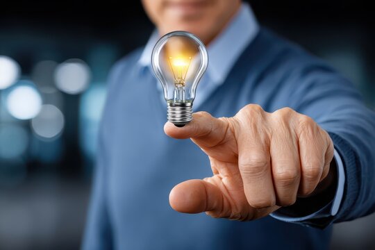 Close up of mature man holding illuminated light bulb on his finger showing creativity, innovation, solution, idea, energy, or inspiration concepts. - Powered by Adobe