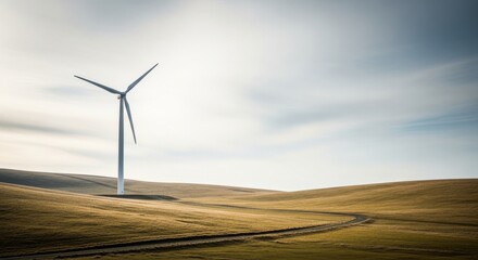 Wind Turbine on a Rolling Hill: A solitary wind turbine stands tall against a vast cloudy sky, its blades poised to capture the wind's energy and transform it into a sustainable power source.