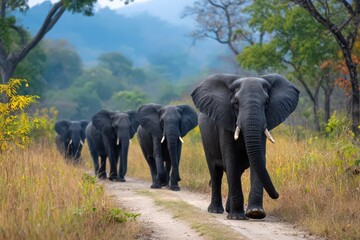 Fototapeta premium A captivating procession of African elephants walking along a dirt path in a lush forest, showcasing their majestic size and natural habitat on a beautiful day.