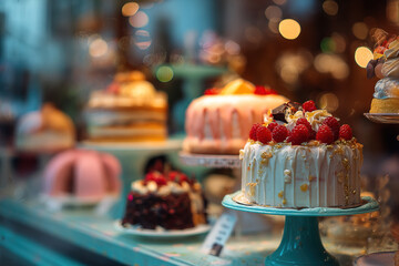 Cakes and pastries displaying in bakery window