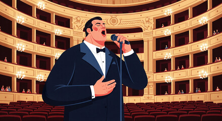 Opera singer performs solo on stage in grand theater with elegant architecture and captivated audience on a memorable evening