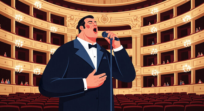 Opera singer performs solo on stage in grand theater with elegant architecture and captivated audience on a memorable evening