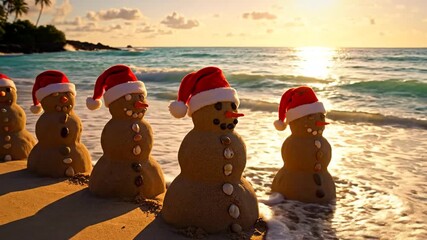 Sand snowmen with Santa hats line a sunny beach, festive holiday vibes meet tropical sunset, coastal charm blends with Christmas celebration