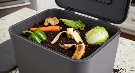 Kitchen compost bin filled with organic food scraps including banana peel carrot and lettuce for sustainable living