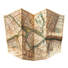 Obraz premium Vintage paper city map neatly folded revealing streets and blue waterways