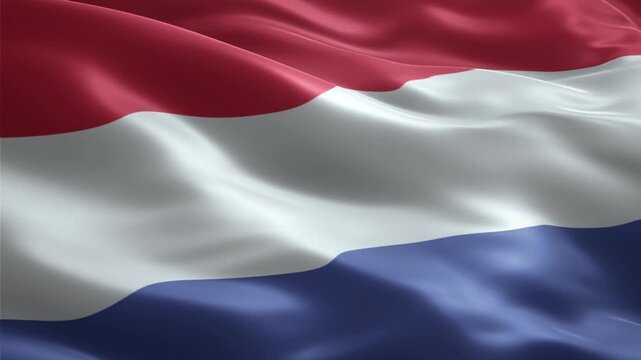 Waving flag of the Netherlands with vibrant red, white, and blue stripes rippling in the wind, showcasing the national symbol.